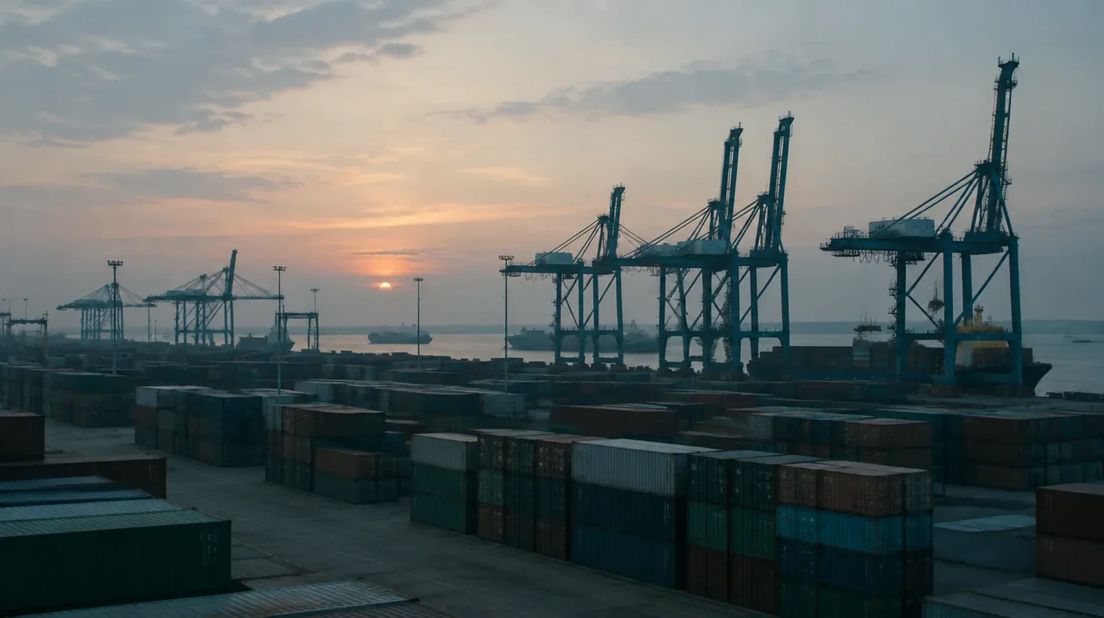 Container terminal at dusk, with gantry cranes above stacked shipping containers